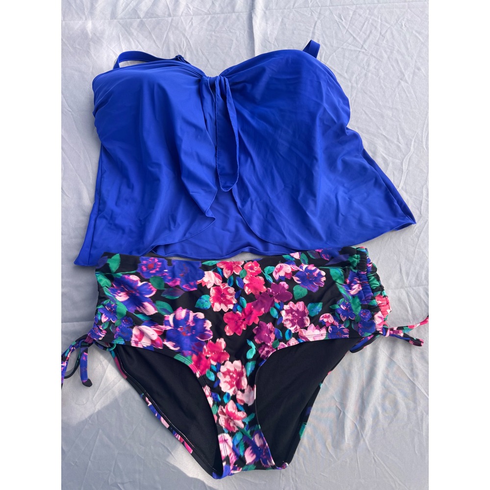 Time and Tru Blue Flyaway Tankini Set Floral High Waist Bottoms 1X 16W-18W